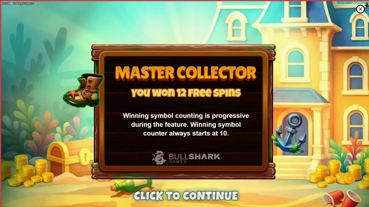Interface do jogo de slot Crabby Collector com um caranguejo elegante e elementos marinhos.