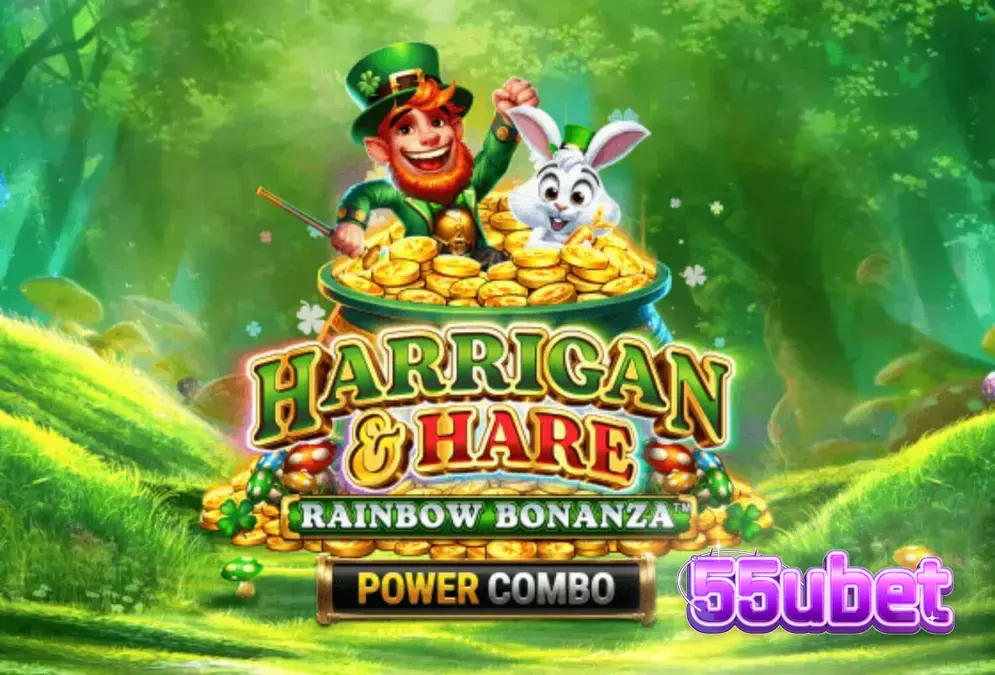 Tela de jogo do slot Harrigan & Hare Rainbow Bonanza Power Combo com leprechaun e coelho